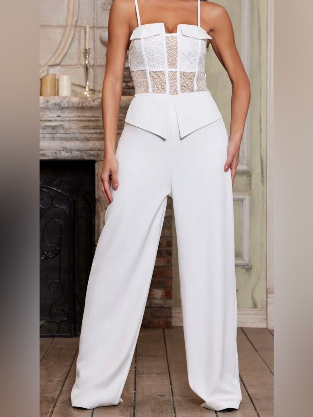White Wide-Leg Jumpsuit with Lace Bodice